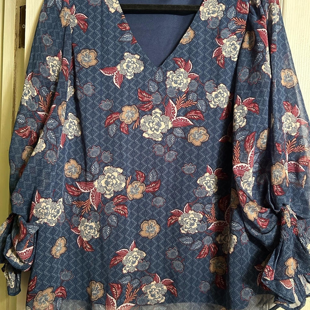 1. State Floral V-Neck Blouse - Blue and Red